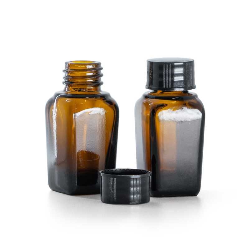 Négyszögletes borostyánszínű üvegpalack fekete kupakkal 10 ml