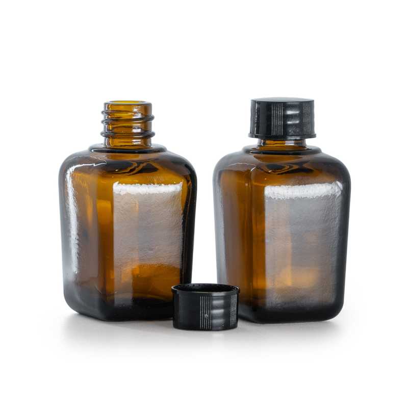 Szögletes borostyánszínű üvegpalack fekete kupakkal 30 ml