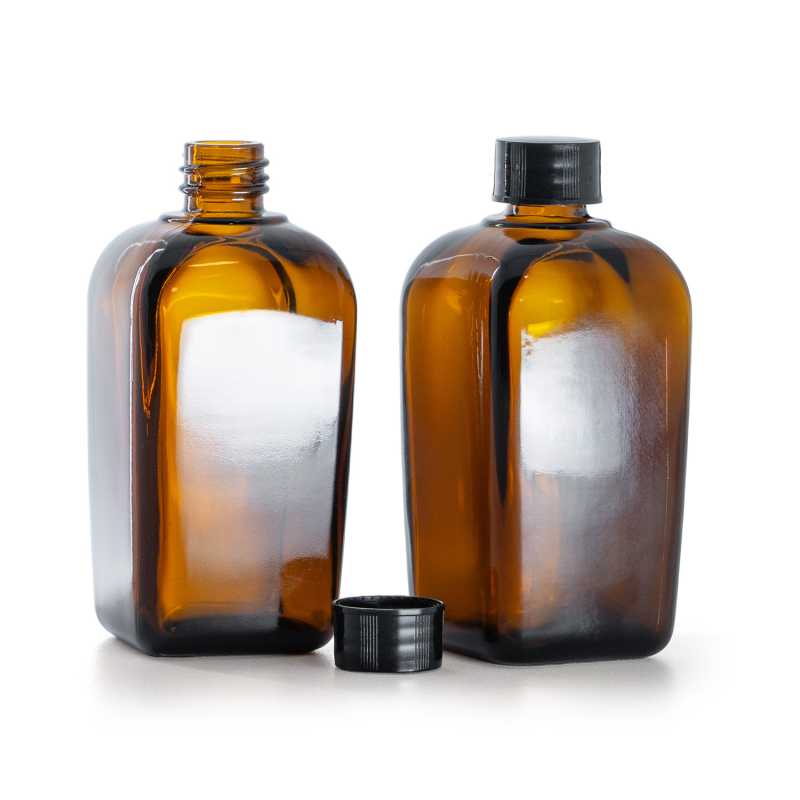 Szögletes borostyán üvegpalack fekete kupakkal 90 ml