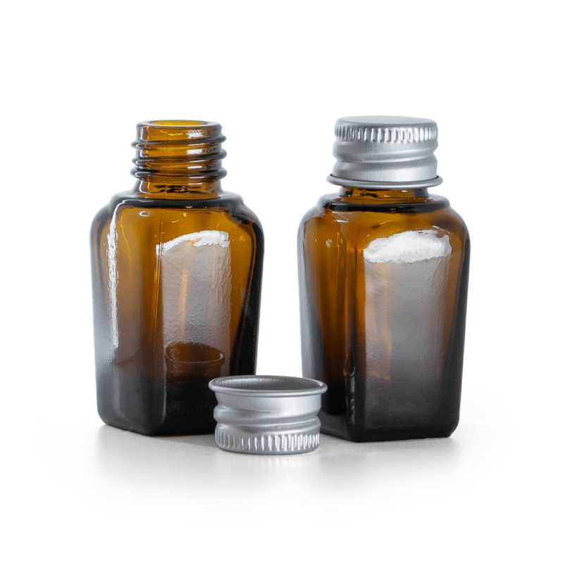 Szögletes borostyánszínű üvegpalack ezüst alumínium kupakkal 10 ml