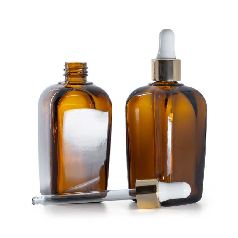 Szögletes borostyán üvegpalack, fehér-arany cseppentő, 90 ml