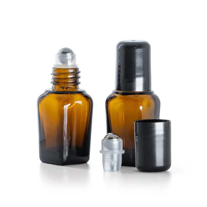 Barna szögletes üveg roll-on flakon, 10 ml