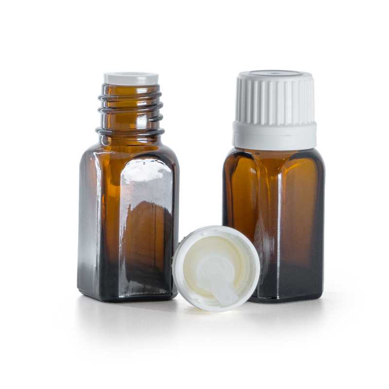 Szögletes borostyán színű üvegpalack fehér garanciazáras kupakkal és cseppentővel, 10 ml
