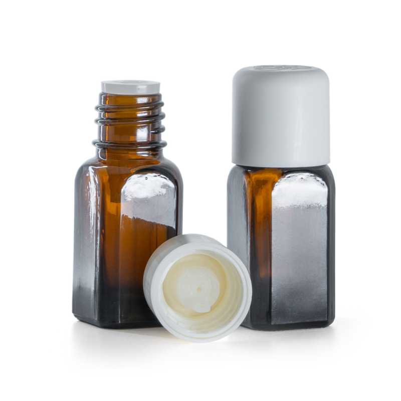 Szögletes üvegpalack fehér biztonsági kupakkal és cseppentővel, 10 ml