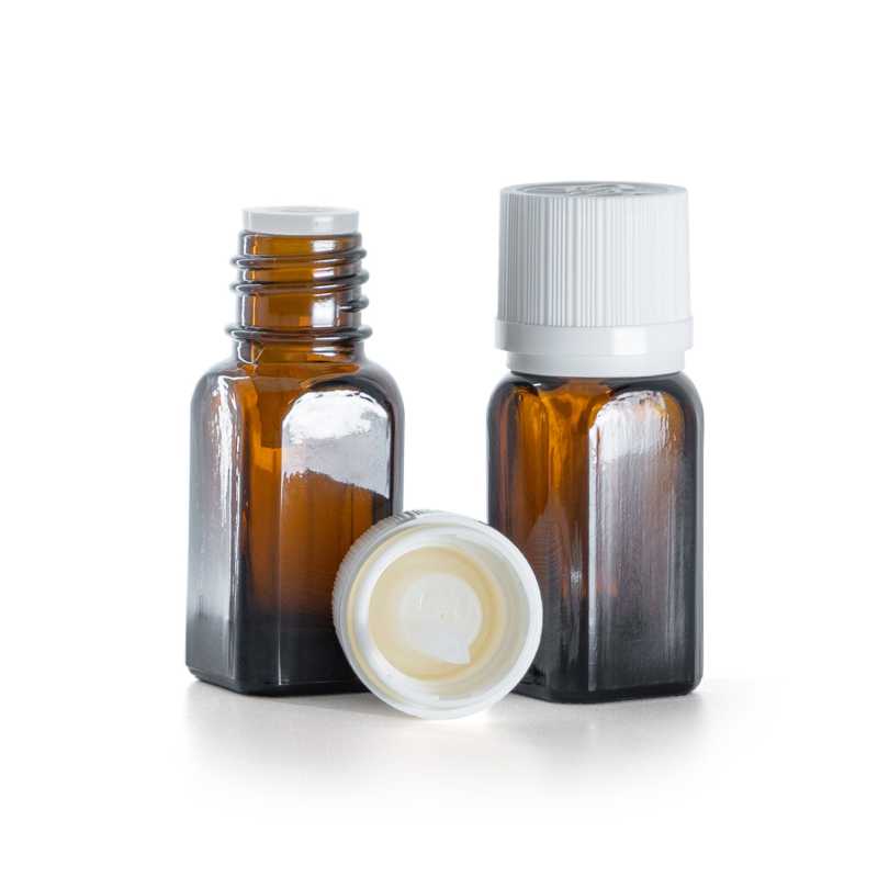 Szögletes borostyánsárga üvegpalack fehér garanciazáras kupakkal 10 ml