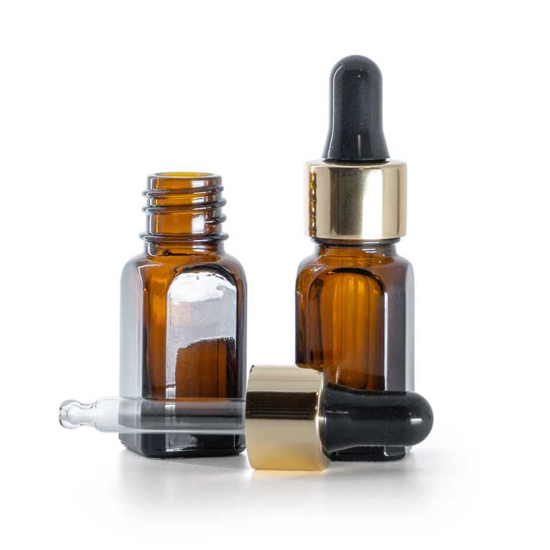 Szögletes egyenes üvegpalack fekete-arany cseppentővel, 10 ml