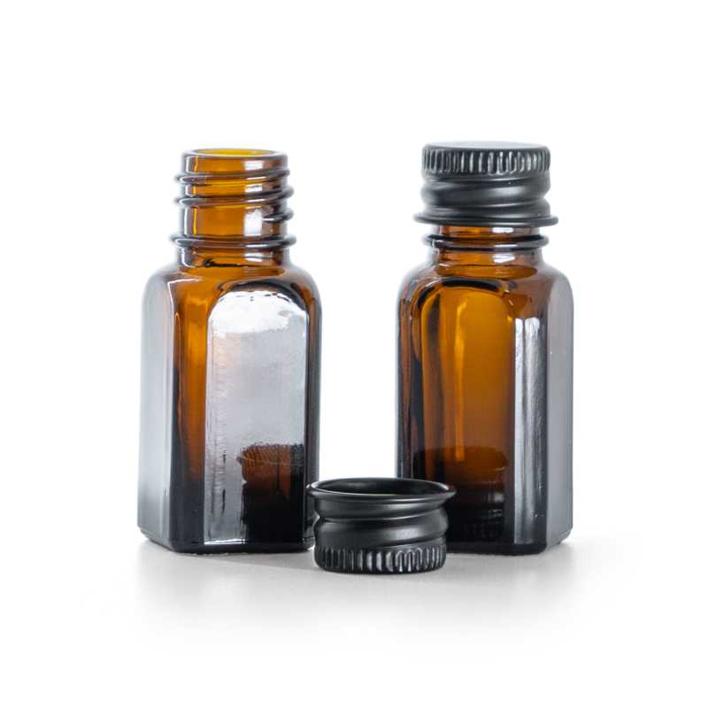 Szögletes átlátszó üvegpalack fekete alumínium kupakkal, 10 ml