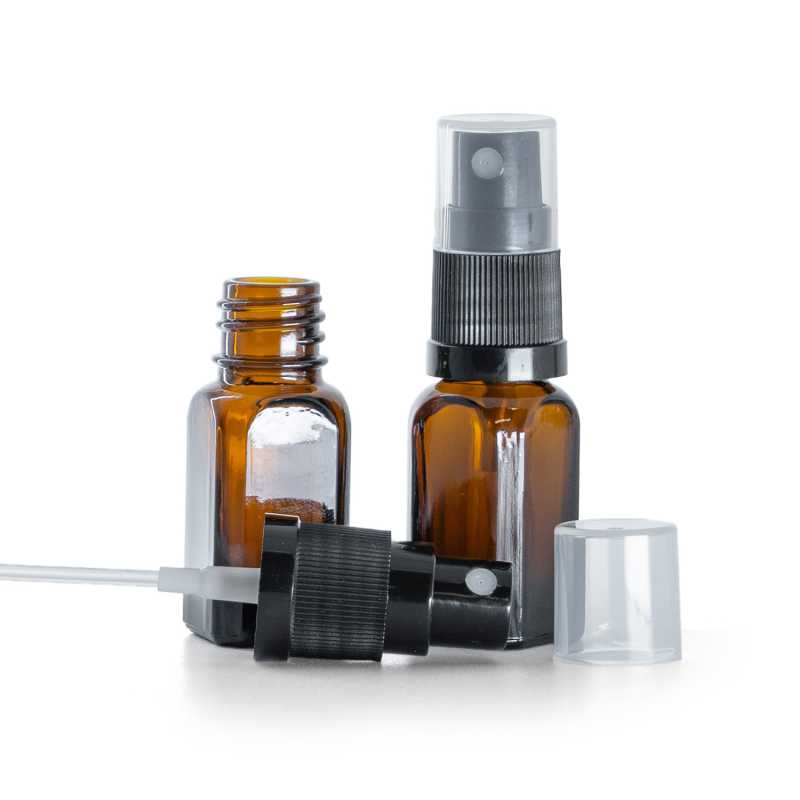 Üveg szögletes palack, fekete permetezőfej, 10 ml