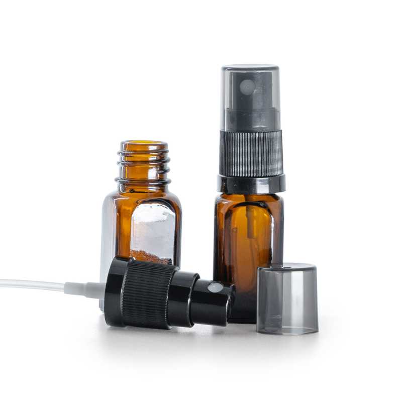 Négyszögletes üvegpalack, fekete finompermetes permetező, smoky overcap, 10 ml