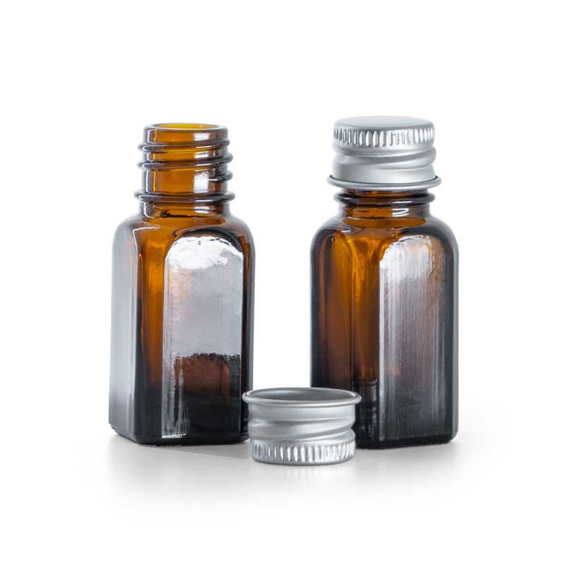 Szögletes borostyán üvegpalack alumínium kupakkal 10 ml