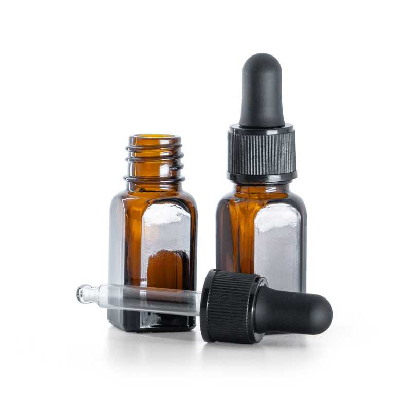 Szögletes üvegpalack fekete műanyag cseppentővel 10 ml