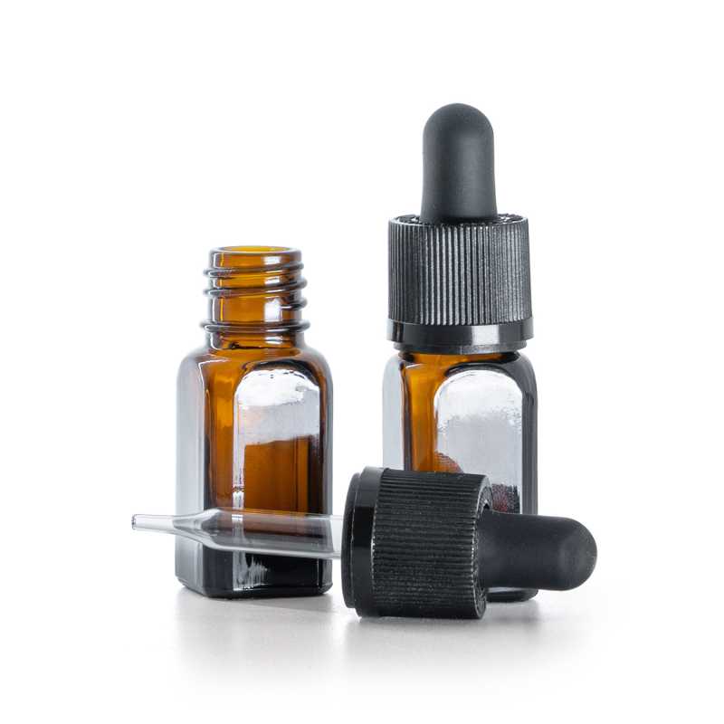 Szögletes üvegpalack, cseppentő biztonsági gyűrűvel, 10 ml