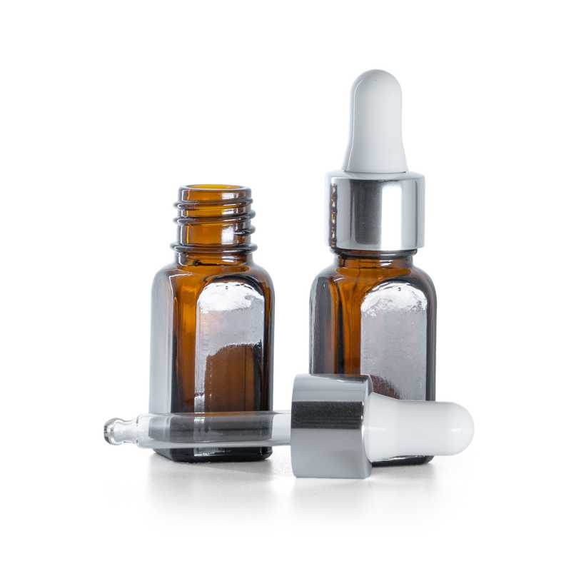 Szögletes üvegpalack fényes ezüst pipettával, 10 ml