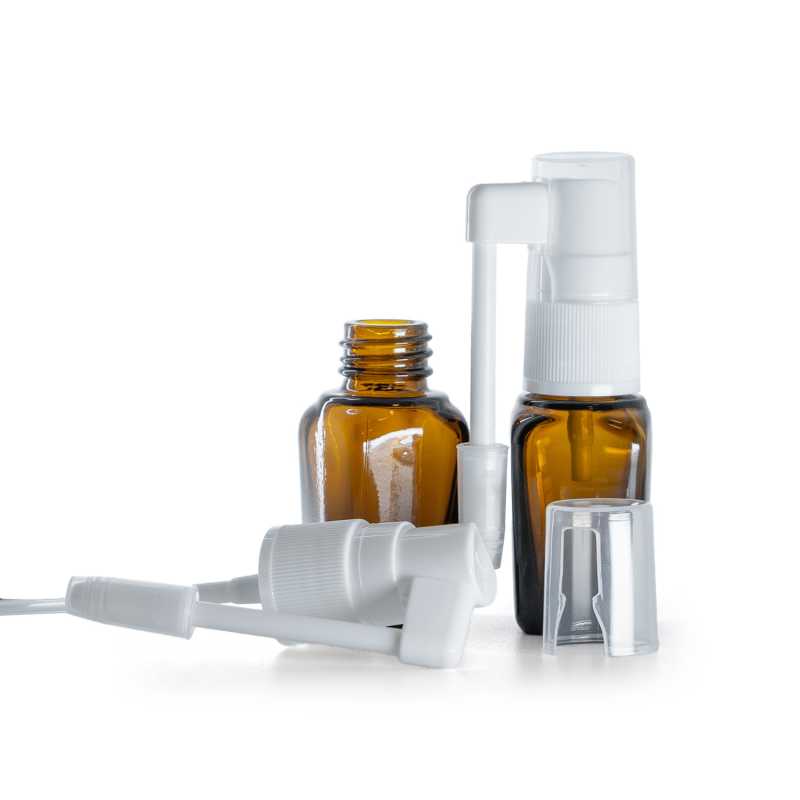 Szögletes borostyánszínű üvegpalack szájpermet szórófejjel 10 ml