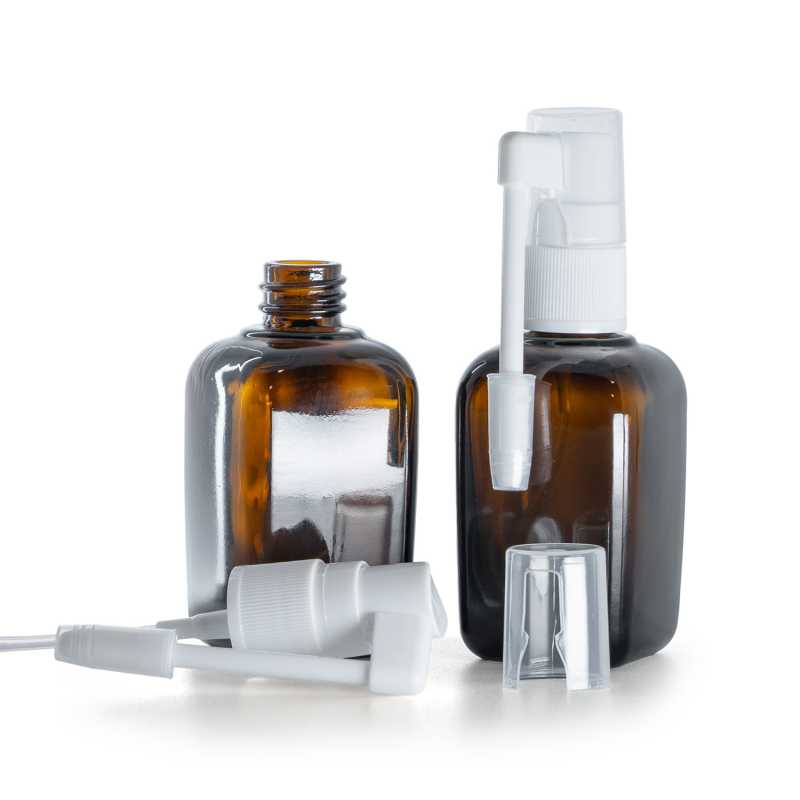 Borostyánszínű szögletes üveg fehér orális permetezővel 45 ml