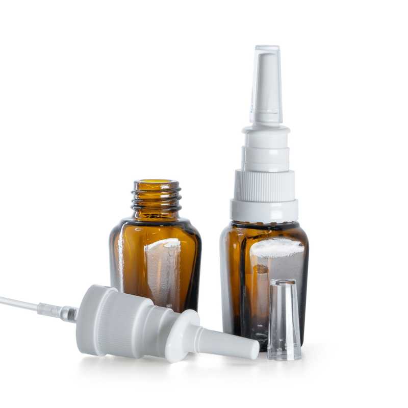 Borostyánszínű szögletes üvegpalack, orrspray, 10 ml