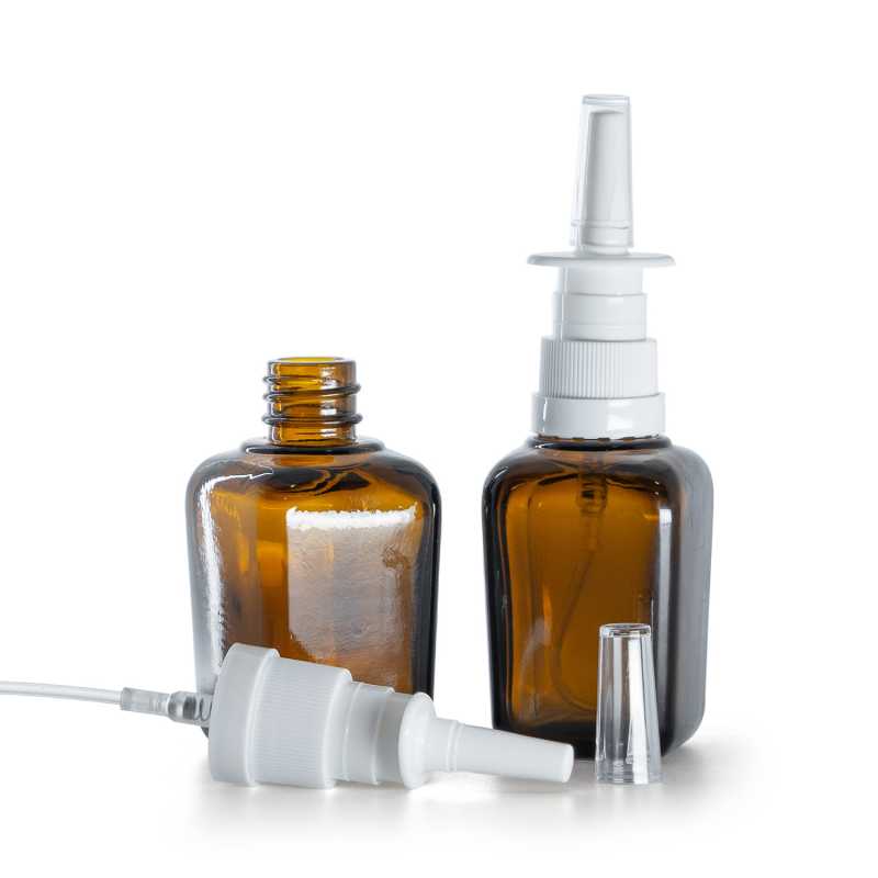 Szögletes, borostyánszínű üvegpalack, orrspray-adagolóval, 30 ml