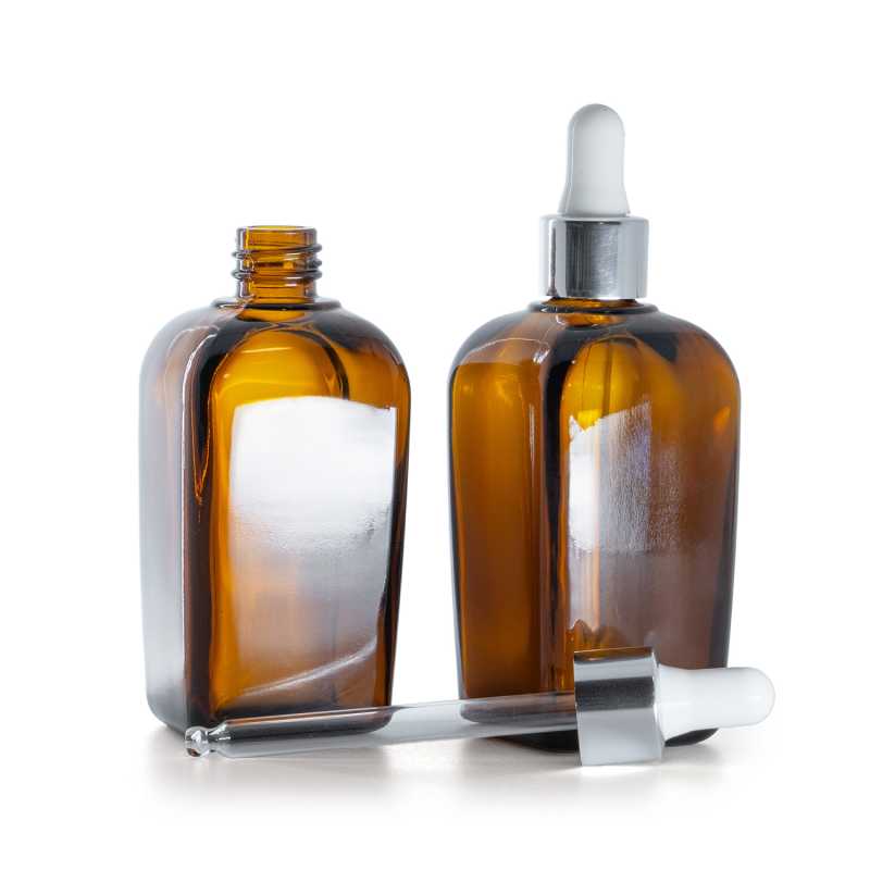 Szögletes borostyán üvegpalack, fényes ezüst pipetta, 90 ml