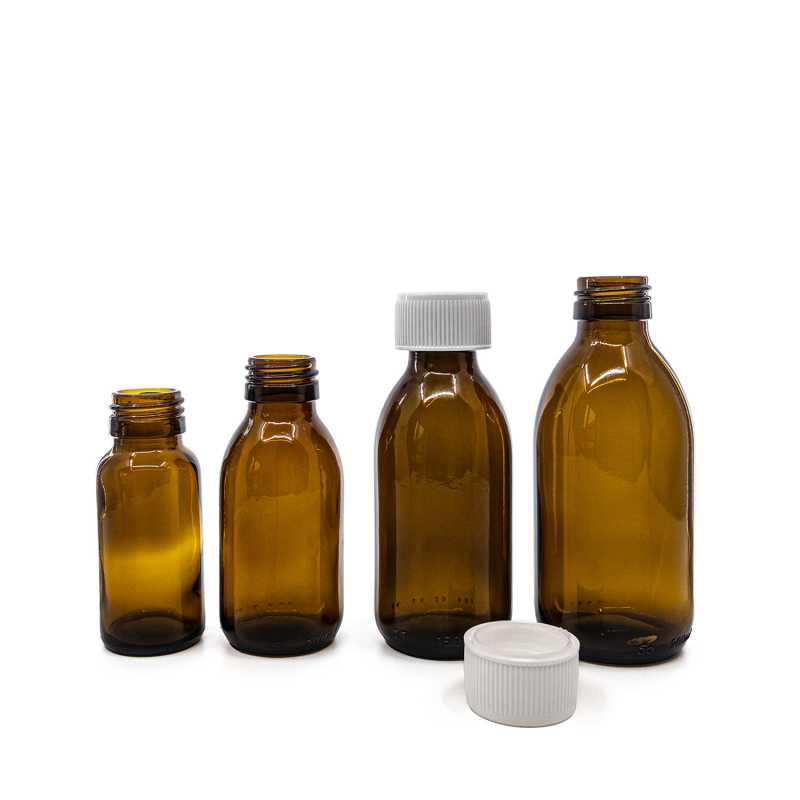 Kerek, barna üvegpalack 28 mm fehér biztonsági kupakkal 200 ml