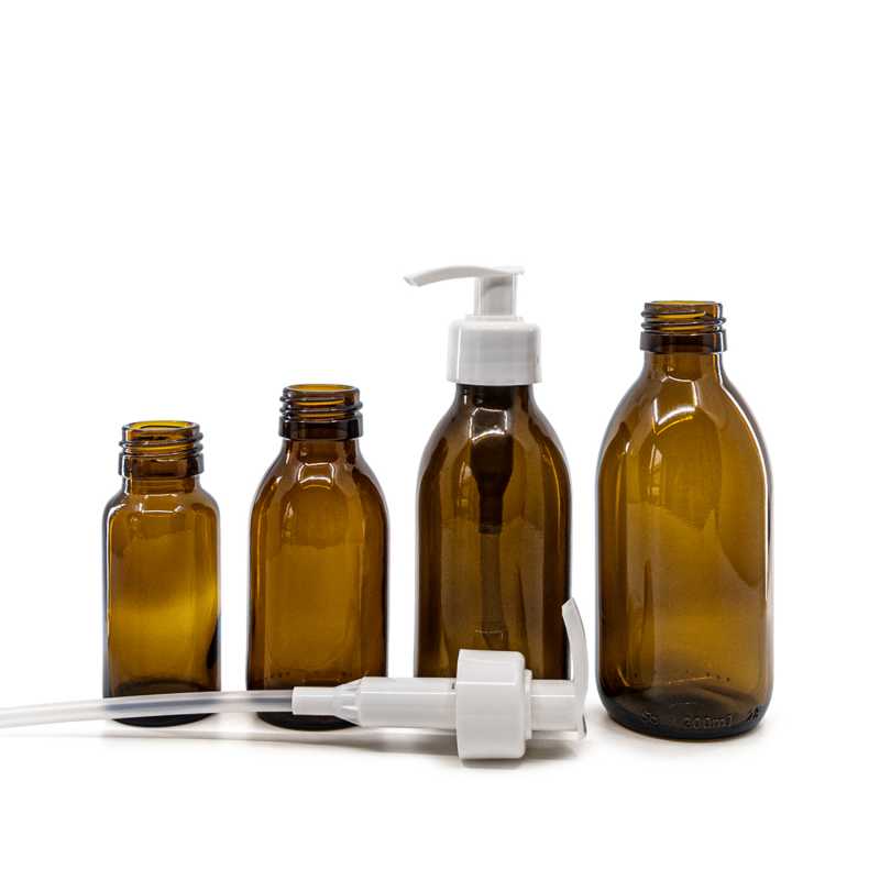 Kerek, borostyánszínű szirupos üveg PP28 fehér adagoló pumpával 150 ml