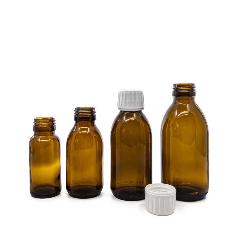 Borostyánszínű szirupos üveg PP28 fehér kupakkal 150 ml