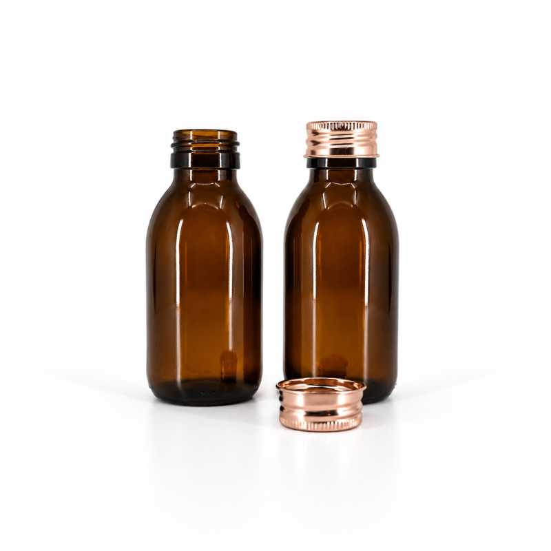 Barna üvegcse, 28 mm nyak, rózsaarany alumínium kupak, 100 ml