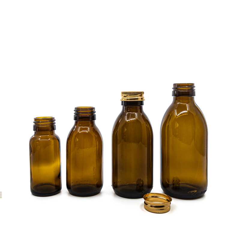Barna üvegpalack, 28 mm, rózsaarany alumínium kupak, 200 ml