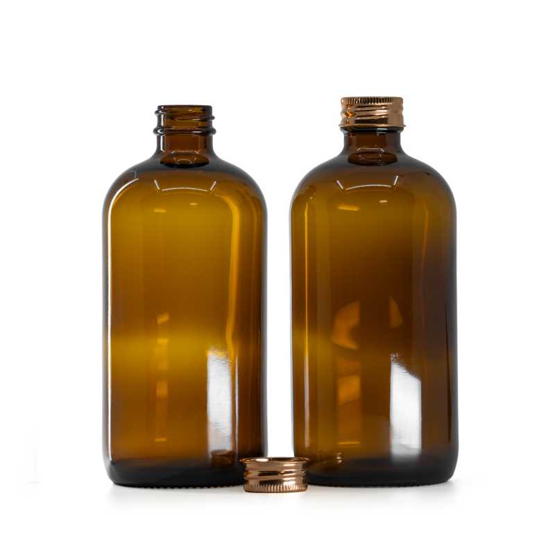 Barna üvegpalack, 28 mm, rózsaarany alumínium kupak, 480 ml
