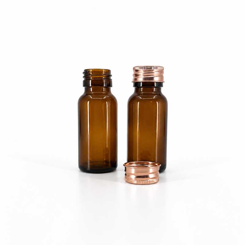 Barna üvegcse, 50 ml, 28 mm, rozéarany alumínium kupak