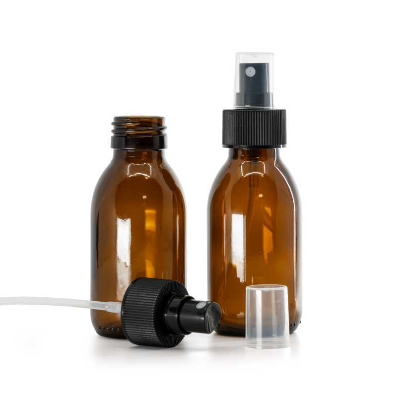 Borostyánszínű szirupos üvegpalack, PP28, finompermet-szórófej, fekete, bordázott nyak, 28/410, 100 