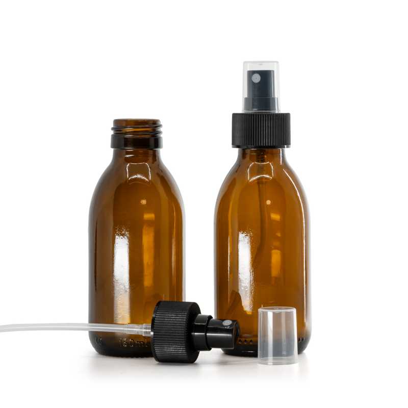 Borostyánsárga szirupos üvegpalack, PP28, finom permetező, fekete, bordázott gyűrű, 28/410, 150 ml