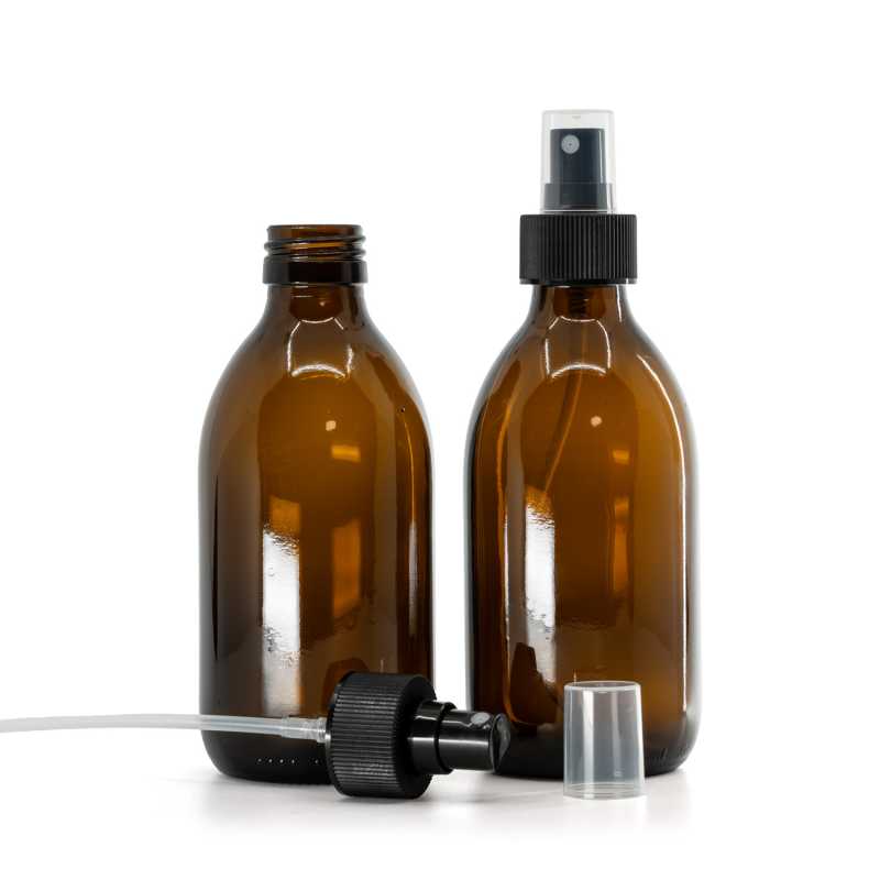 Borostyánszínű szirupos üvegpalack, PP28, finompermet-szórófej, fekete, bordázott gyűrű, 28/410, 250