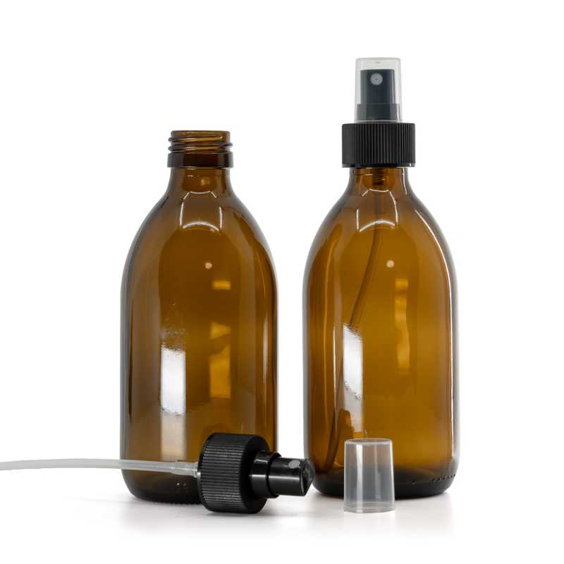 Borostyánsárga szirupos gömbölyű üveg, PP28, finompermetező szórófej, fekete, bordázott gyűrű, 28/41