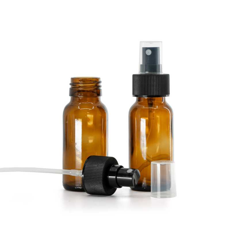 Borostyánszínű szirupos üvegpalack, PP28, permetezőfej, fekete, bordázott gallér, 28/410, 50 ml