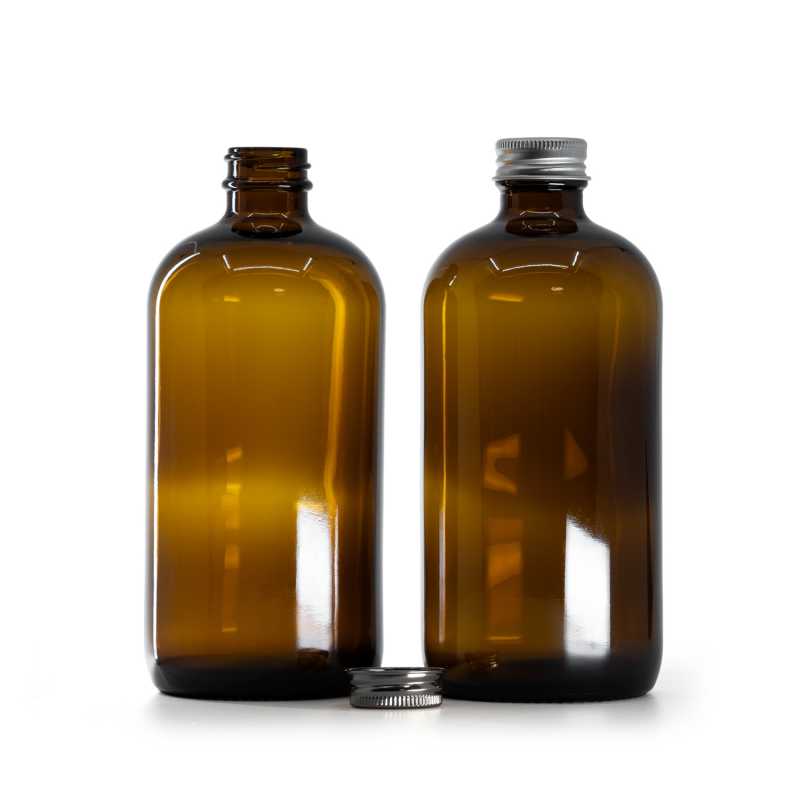 Borostyánszínű Boston kerek üvegpalack, ezüst alumínium kupak, 480 ml