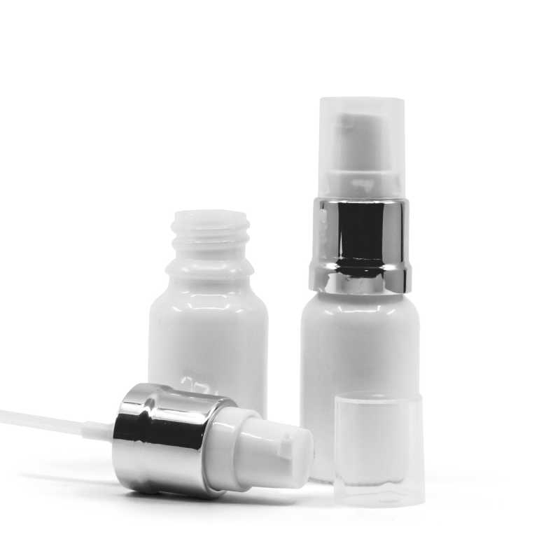 Fehér üvegpalack, fényes ezüst-fehér adagoló, 10 ml