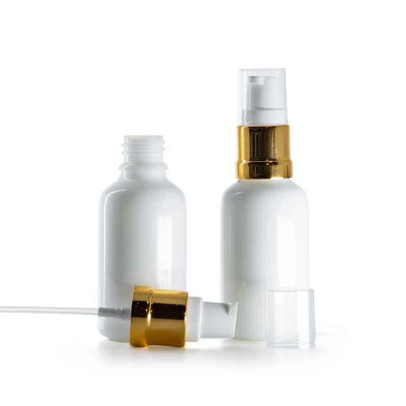 Fehér üvegflakon fényes fehér-arany adagolóval 30 ml