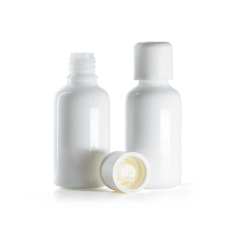 Fehér üveg cseppentős palack fehér, biztonsági zárókupakkal, 30 ml