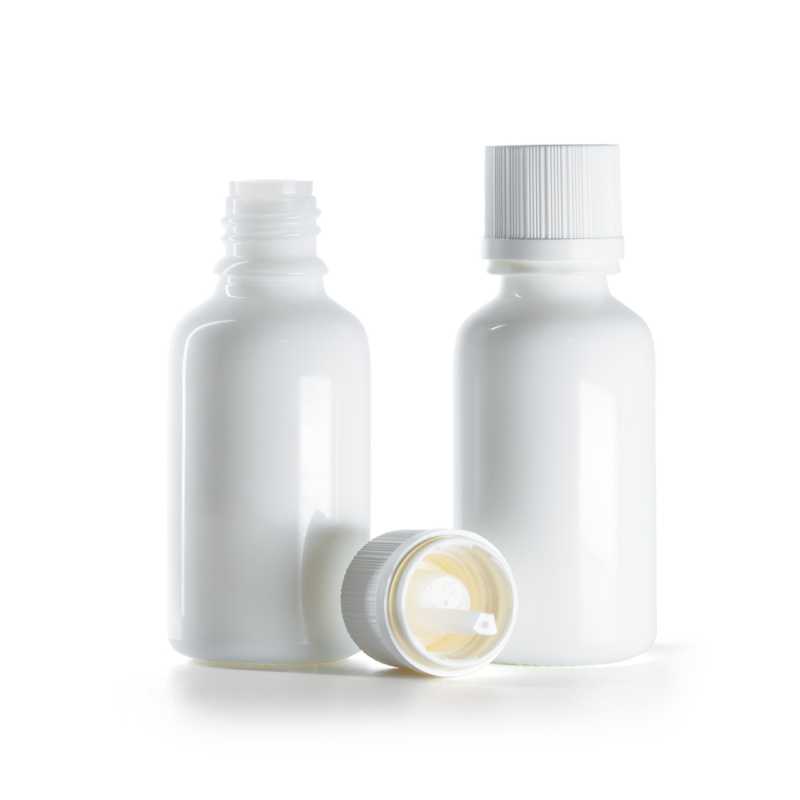 Fehér üvegpalack, fehér plombabiztos cseppentős kupak, 30 ml