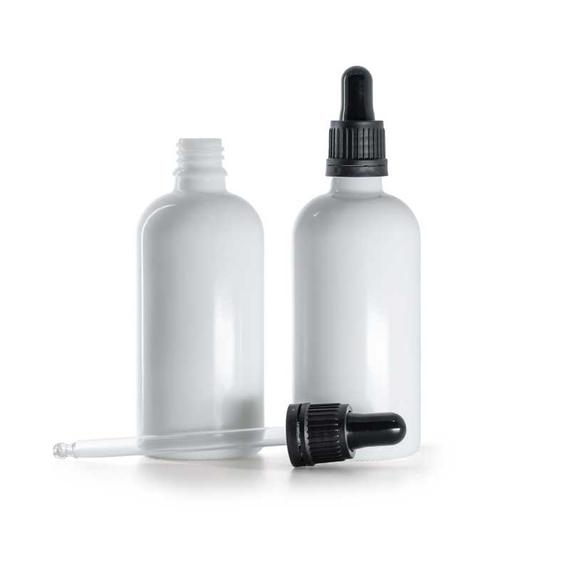 Fehér üvegpalack, fekete matt cseppentő, 100 ml