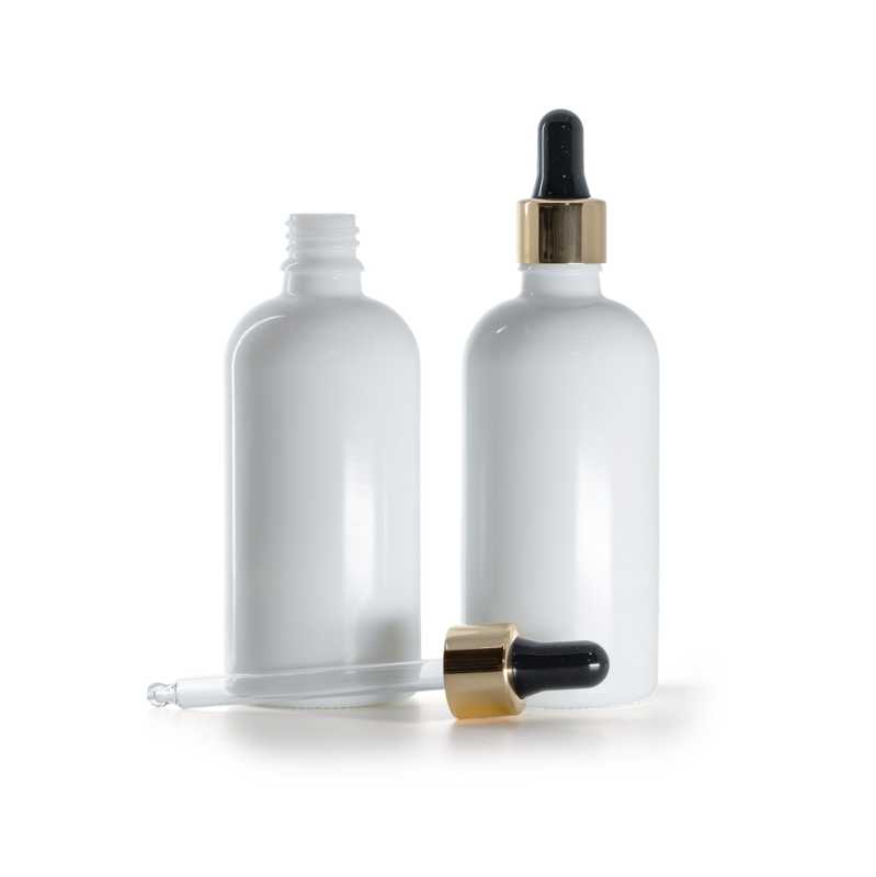 Fehér üvegpalack fekete-arany pipettával 100 ml