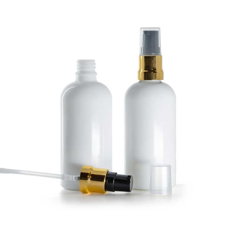 Fehér üvegpalack fekete-arany, fényes adagolóval és átlátszó kupakkal, 100 ml