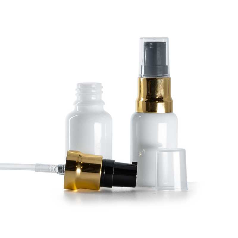Fehér üvegpalack, fényes fekete-arany pumpa átlátszó kupakkal, 15 ml