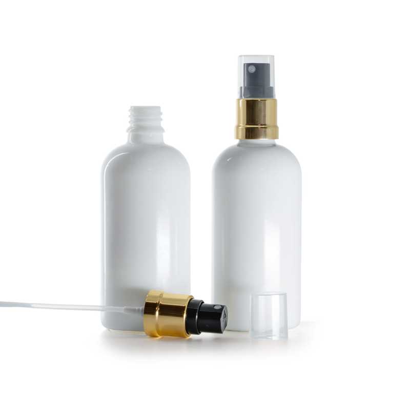 Fehér üvegpalack fekete-arany permetezőfejjel, 100 ml