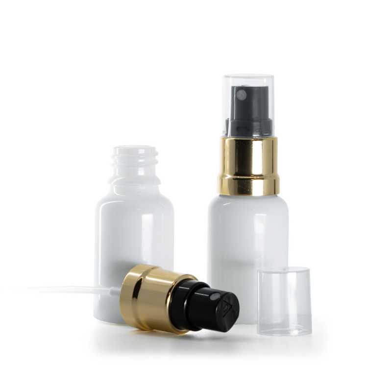 Fehér üvegpalack, fekete permetező fényes arany kupakkal, 15 ml