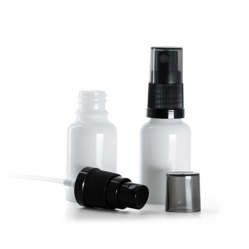 Fehér üvegcse, fekete finompermetező füstös felső kupakkal, 15 ml