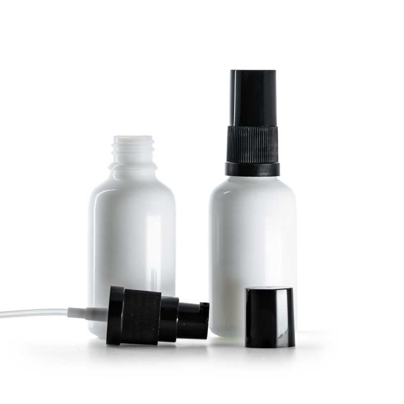 Fehér üvegpalack, krémadagoló fekete kupakkal, 30 ml