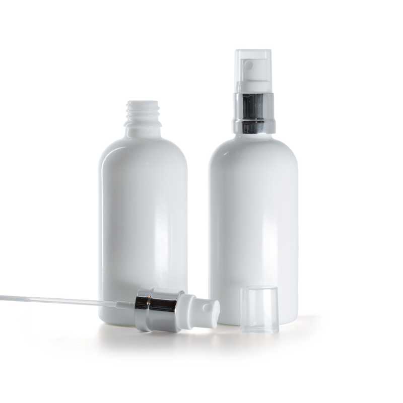 Fehér üvegpalack, fényes ezüst permetező, 100 ml