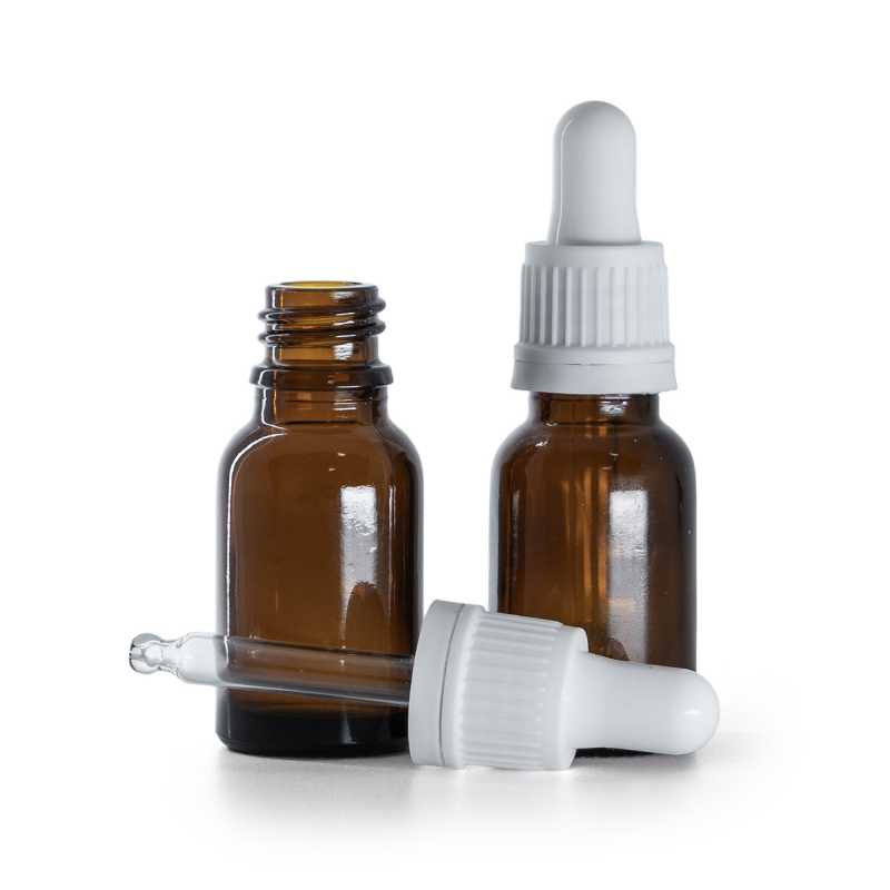 Borostyánszínű üvegpalack fehér pipettával 15 ml