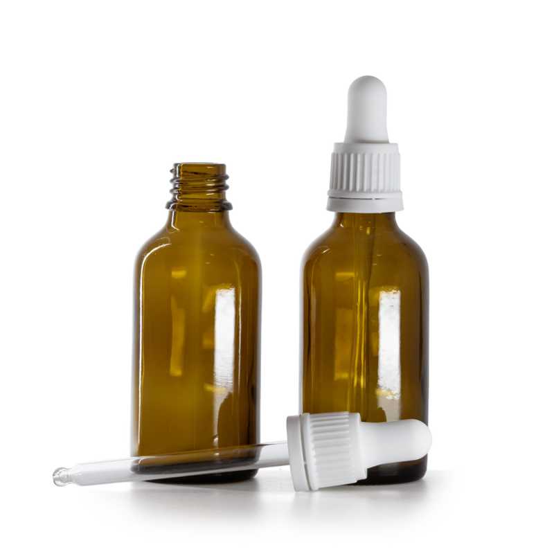 Borostyánszínű üvegpalack fehér cseppentővel 50 ml